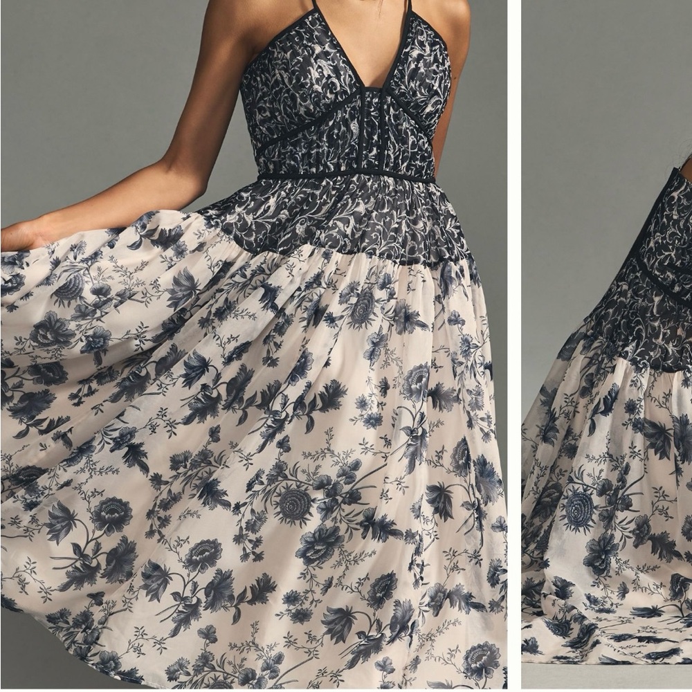 Anthropologie Navy and Cream Floral Midi Dress - Picture 10 of 11